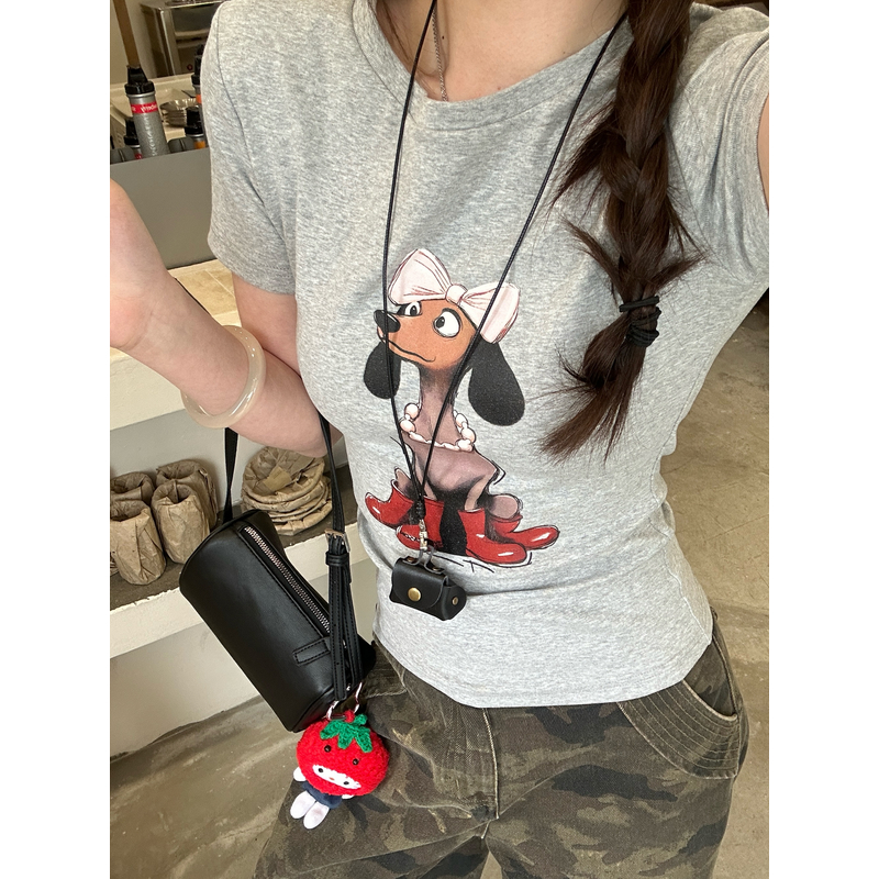 夏季显瘦百搭辣妹少女狗狗印花短袖修身T恤