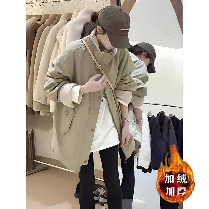 韩系立领加绒加厚外套女冬季2025新款宽松显瘦中长款派克服上衣潮
