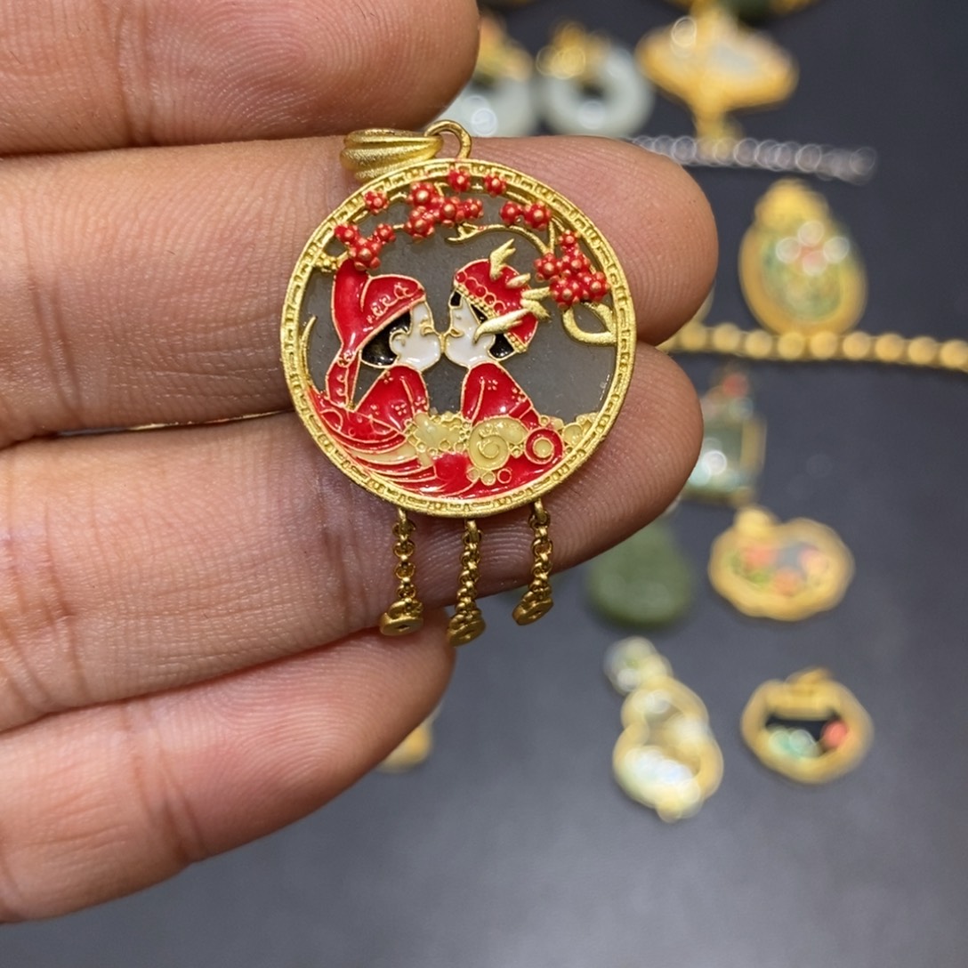 和田玉颈饰银S925镀金镶嵌