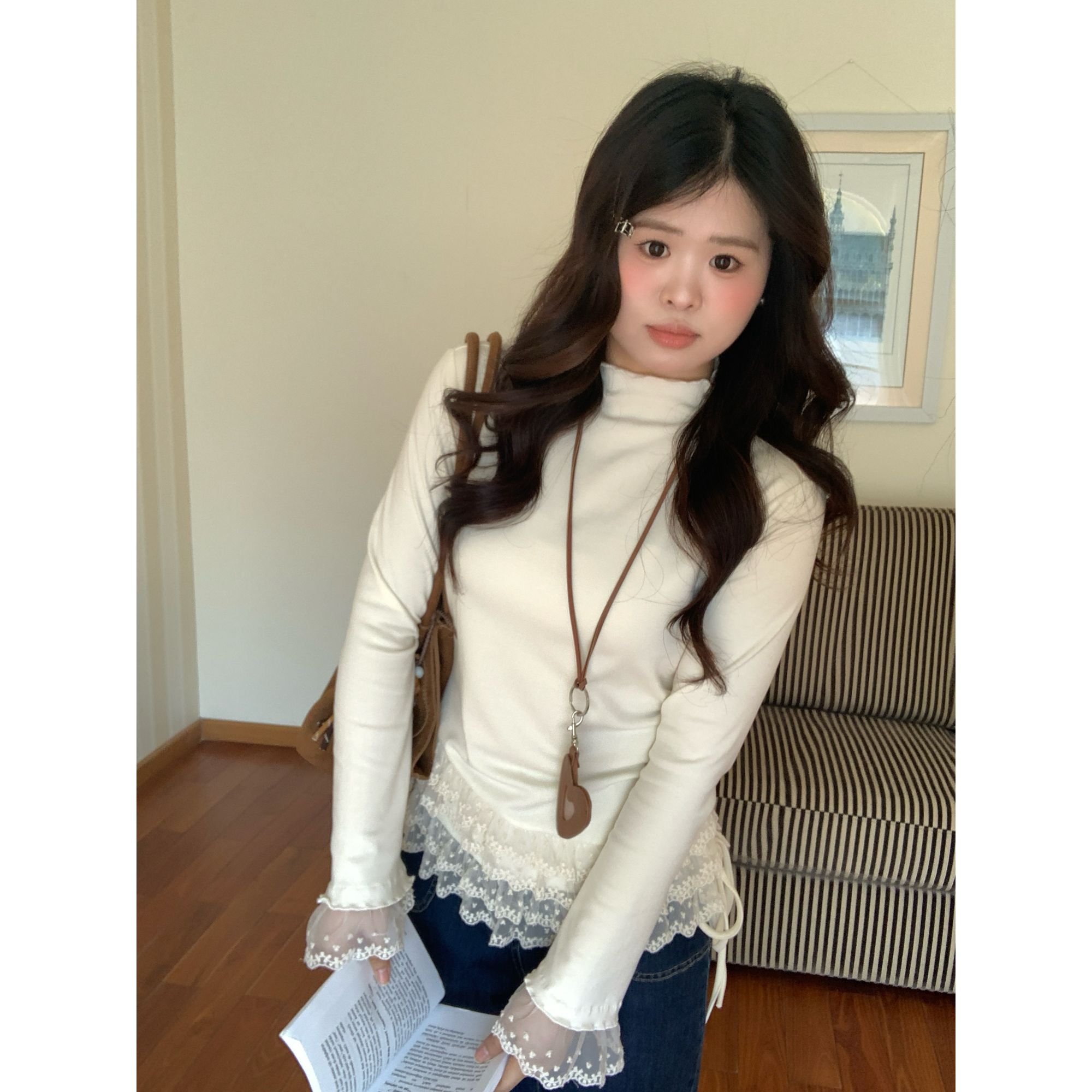 现货【叠穿CP】大头婷微胖法式蕾丝花边软糯修身显瘦百搭上衣ZX285