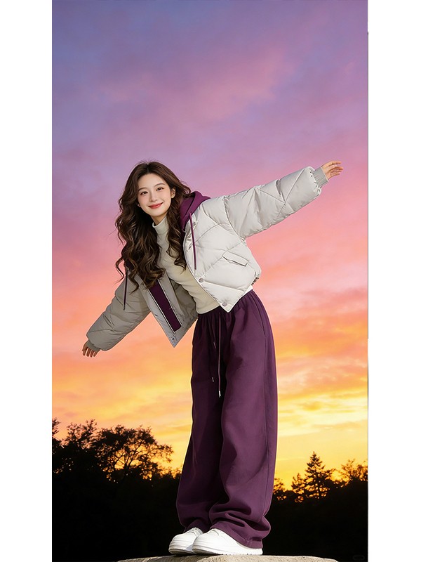 2025新款巨好看短款套装设计感紫色冬装棉服外套女款冬季棉袄裤子