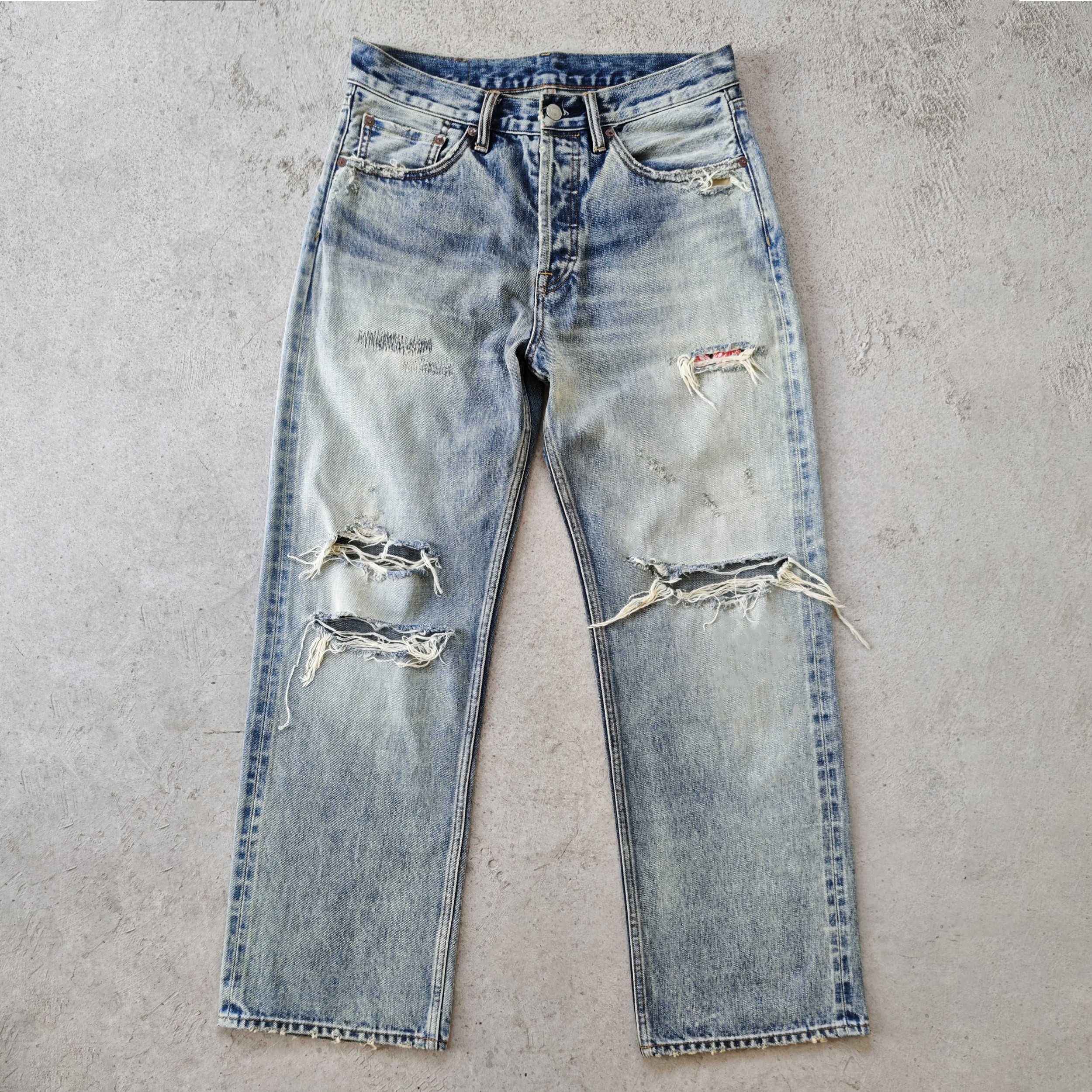 WIROTE威络补丁贴布破洞破坏乱针牛王水洗雪花宽松直筒赤耳牛仔裤