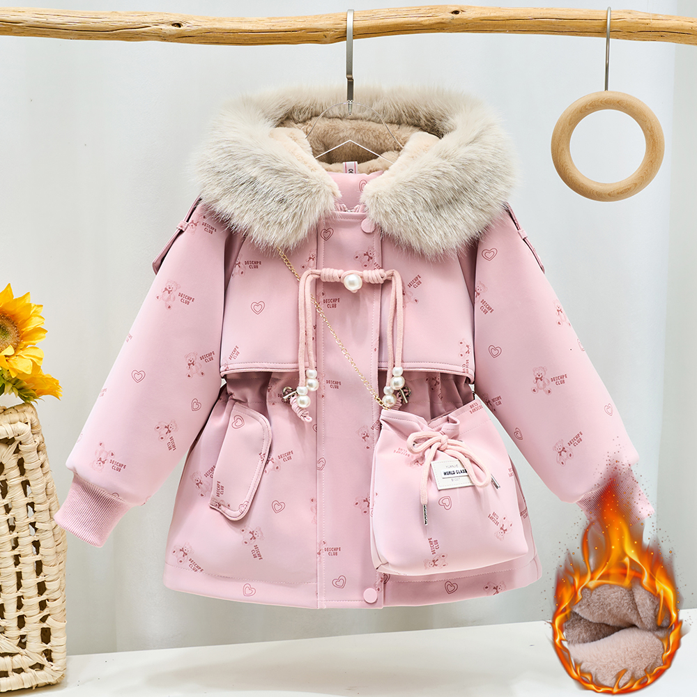 亲子装冬季新款女童年服加绒加厚卡通外套母女装韩版中长款派克服