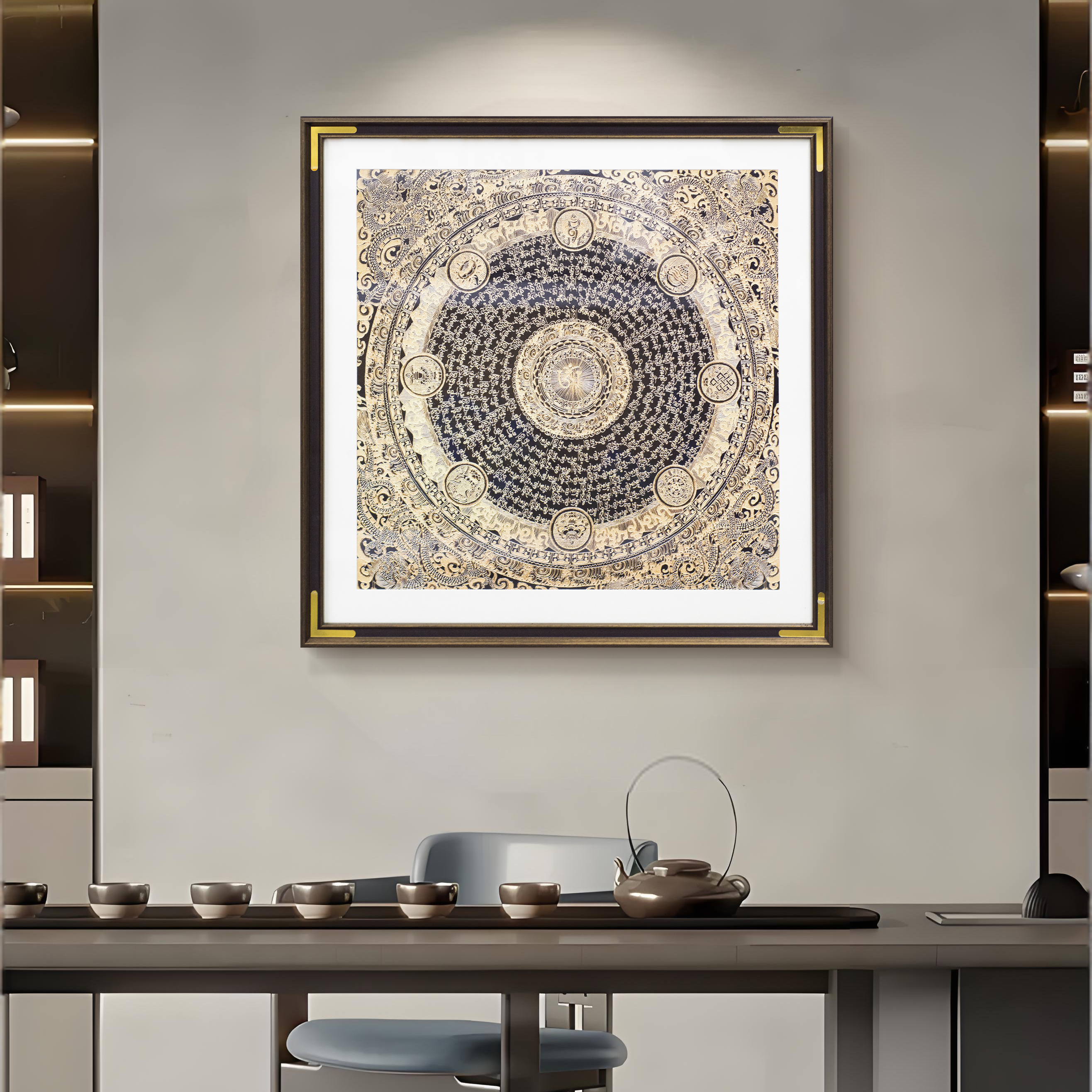 新中式六字真言唐卡吉祥坛城皮革肌理玄关装饰挂画六字真言6464