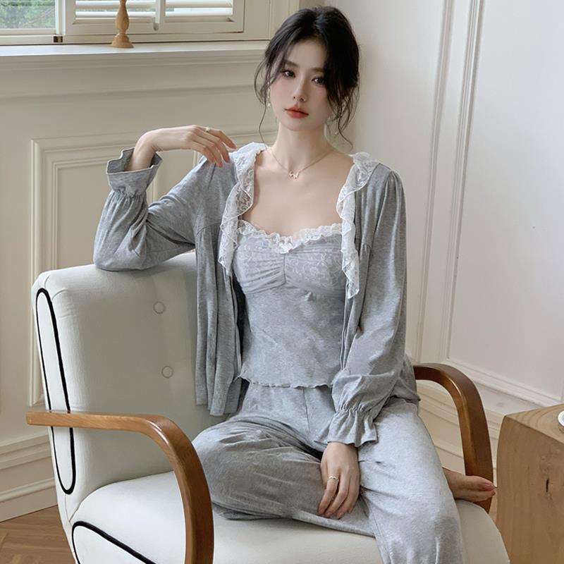 维密楚秋天2025新款莫代尔睡衣三件套女春秋带胸垫性感家居服套装