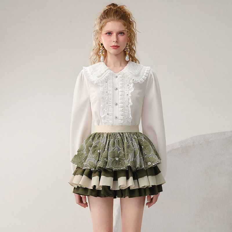 茬客纯色灯笼袖娃娃领春夏通勤衬衫甜美长袖百搭打底CM490648A