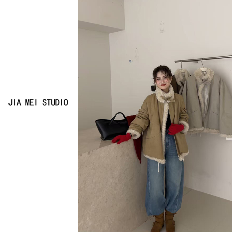 A222韩版宽松立领毛毛拼接羽绒服女2025冬季新加厚保暖立领派克服