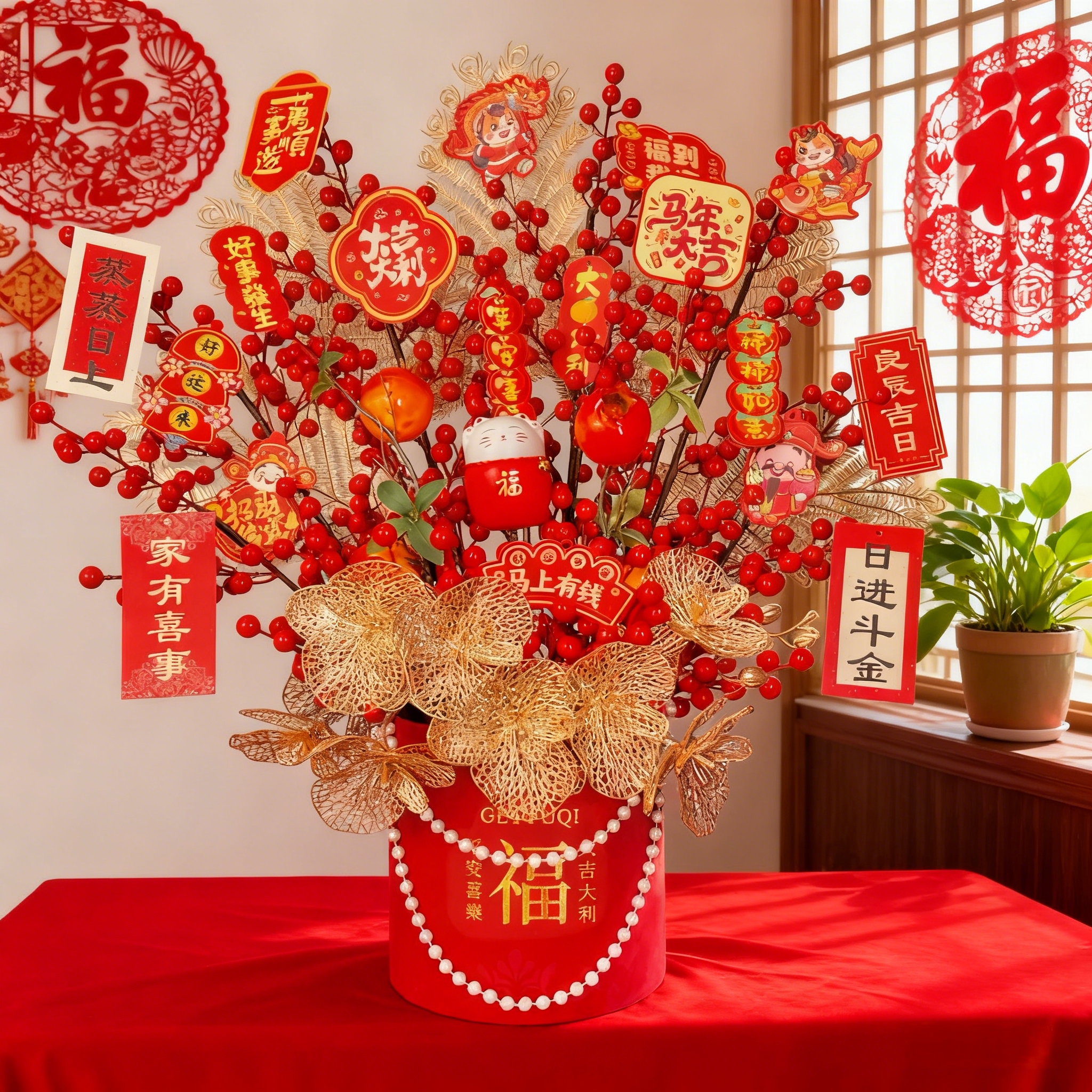 【繁花似锦】红果仿真冬青福桶石榴乔迁之喜新居摆件装饰轻奢家居