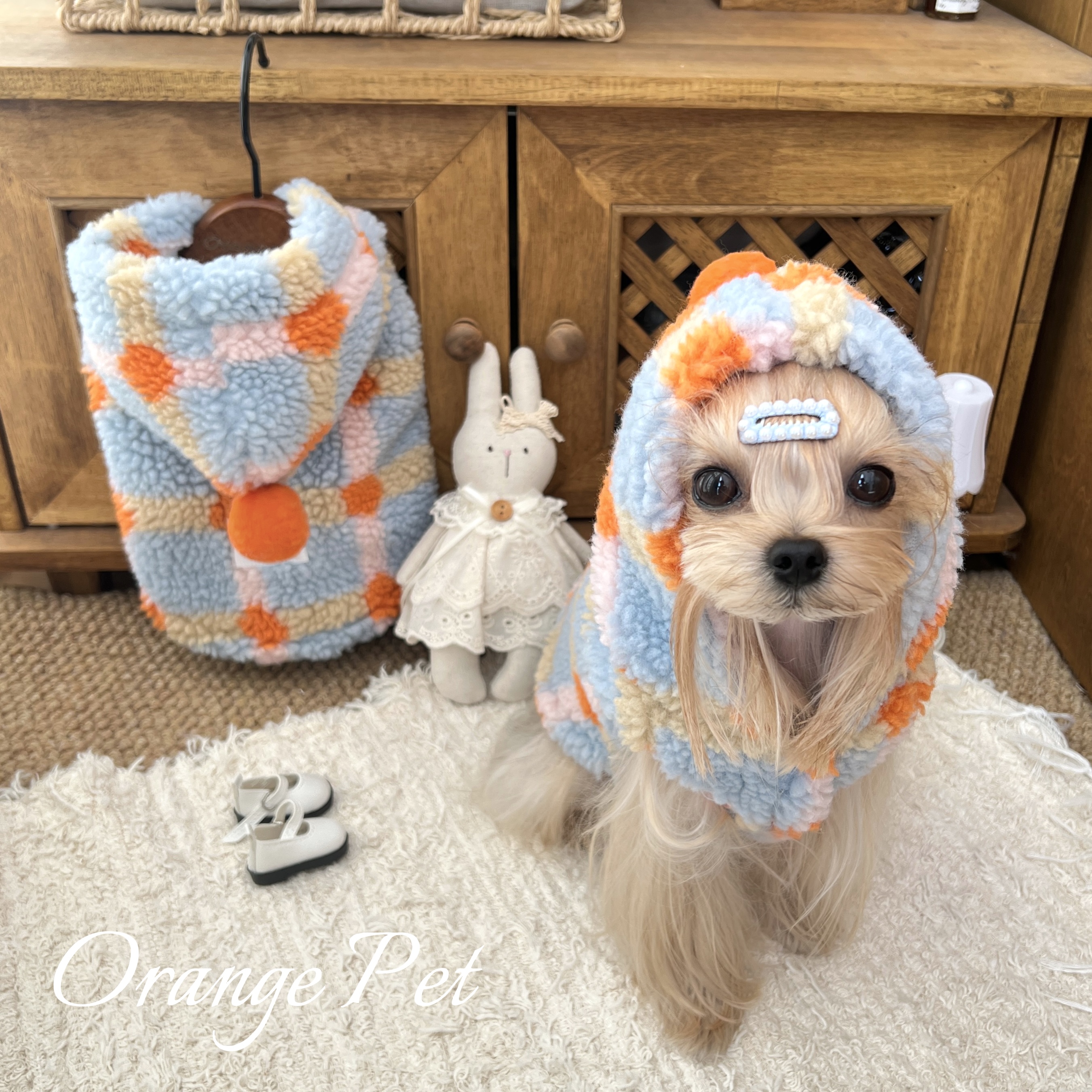 OrangePet宠物服狗猫多巴胺韩系甜美可爱连帽羊羔绒棉服马甲外套