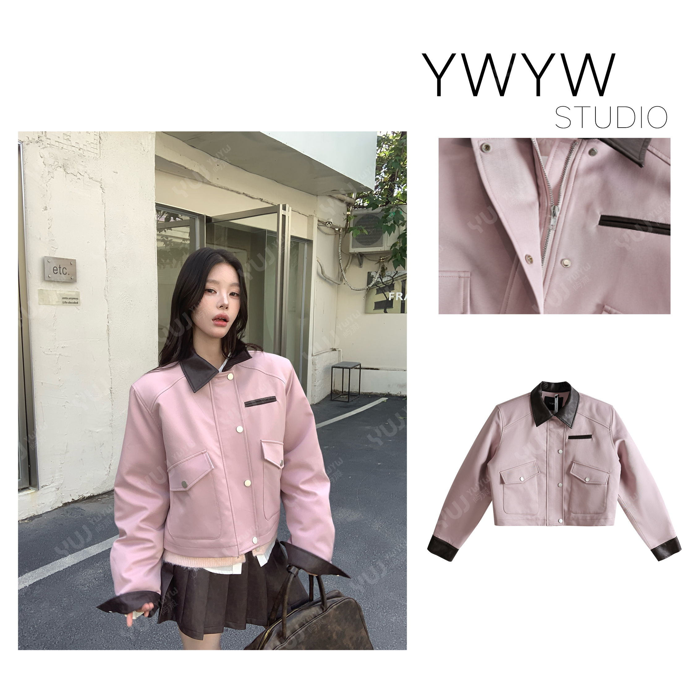 【YWYW25F/W】冬季夹棉复古pu皮领撞色拼接工装风外套皮衣5939