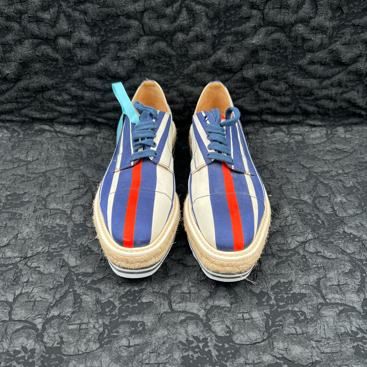 95新 Prada/普拉达 白红蓝条纹厚底帆布松糕鞋 36码/95新/无配件