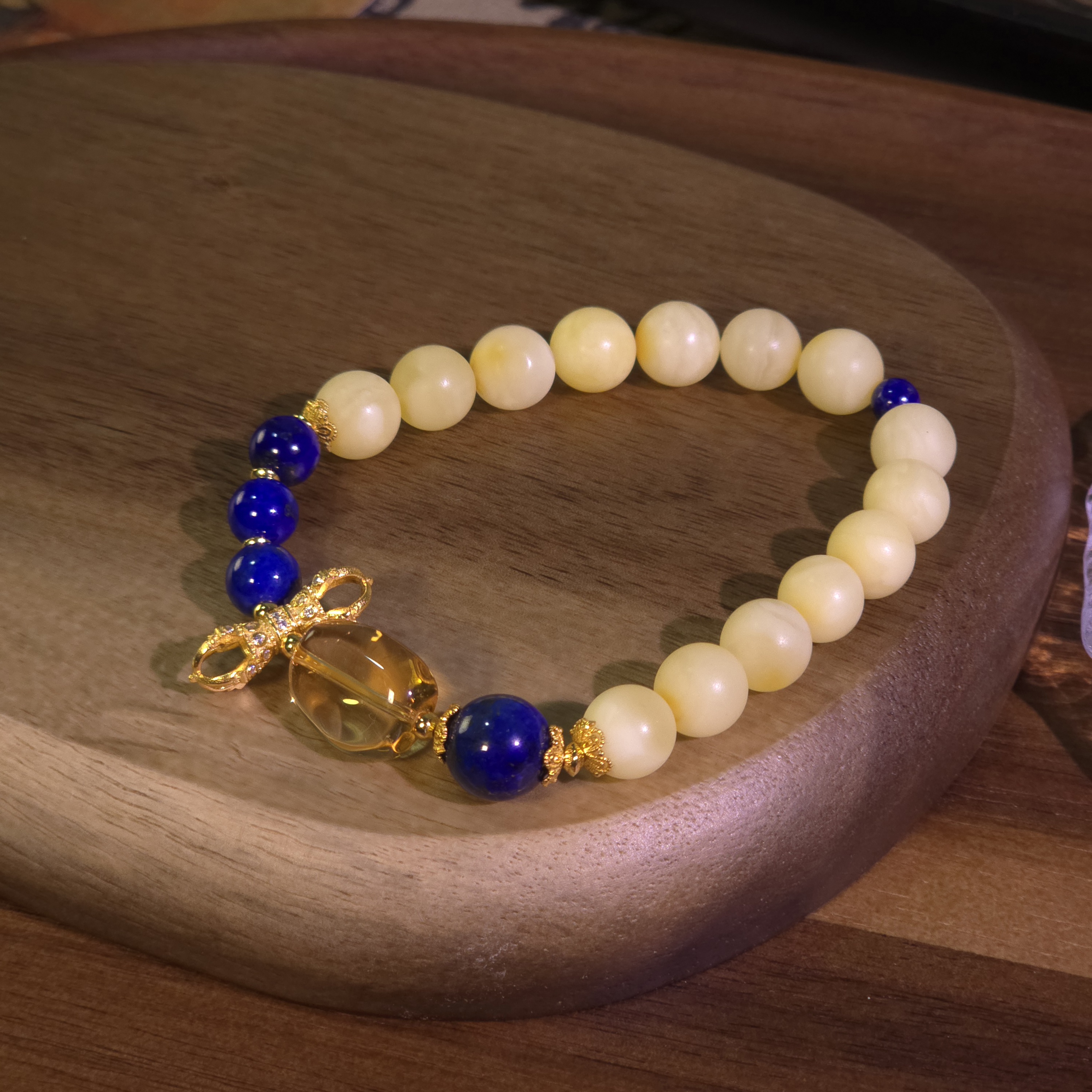 【亿轩珠宝】ZX146306香珀圆珠单圈手串diy青金石&水晶8mm+