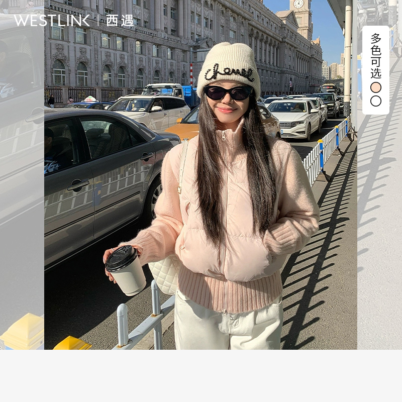 1925西遇立领针织拼接棉衣棉服女2025年冬季新款短款假两件外套