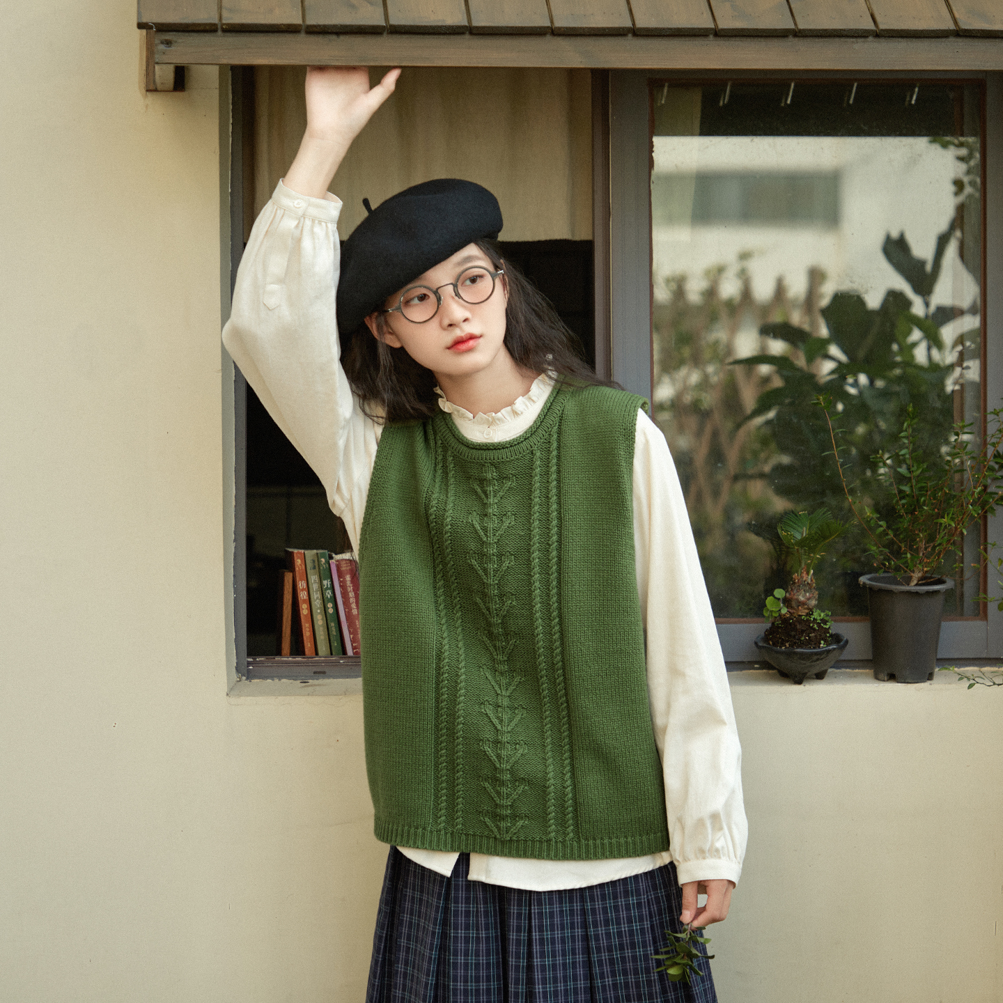 绿色马甲女春秋季日系复古外搭叠穿上衣宽松无袖毛织马夹毛衣背心