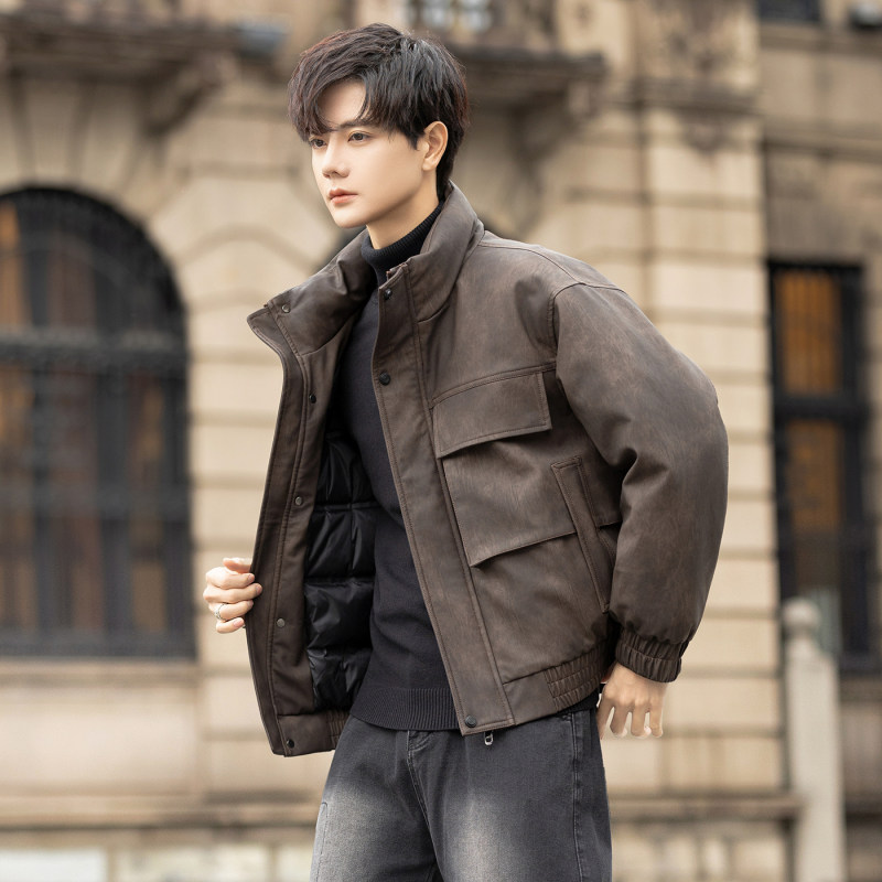 2025冬季休闲简约风90绒白鸭绒皮衣羽绒服男士立领外套YR25189