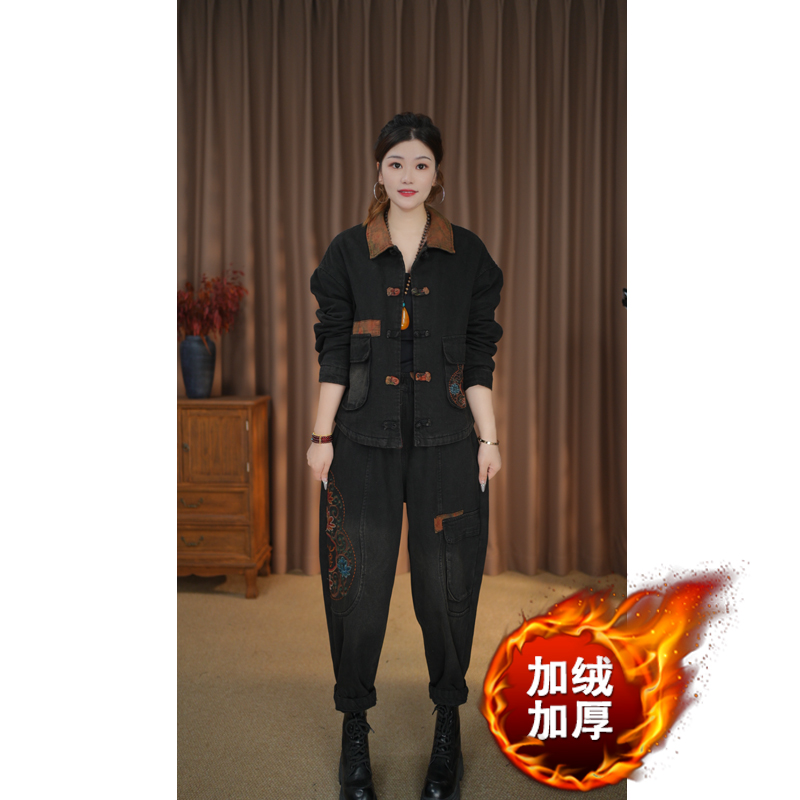 2673加绒加厚冬装宽松复古民族风喜葫芦刺绣棉衣水洗加绒牛仔裤女