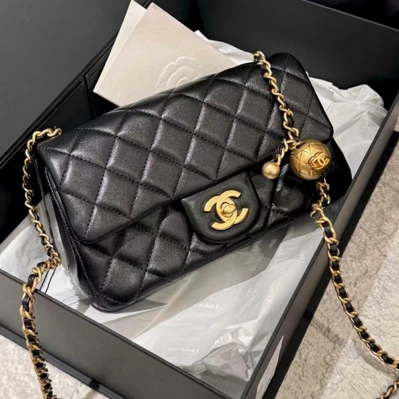 99新 Chanel/香奈儿 cf金球大mini黑金羊链条包/优品