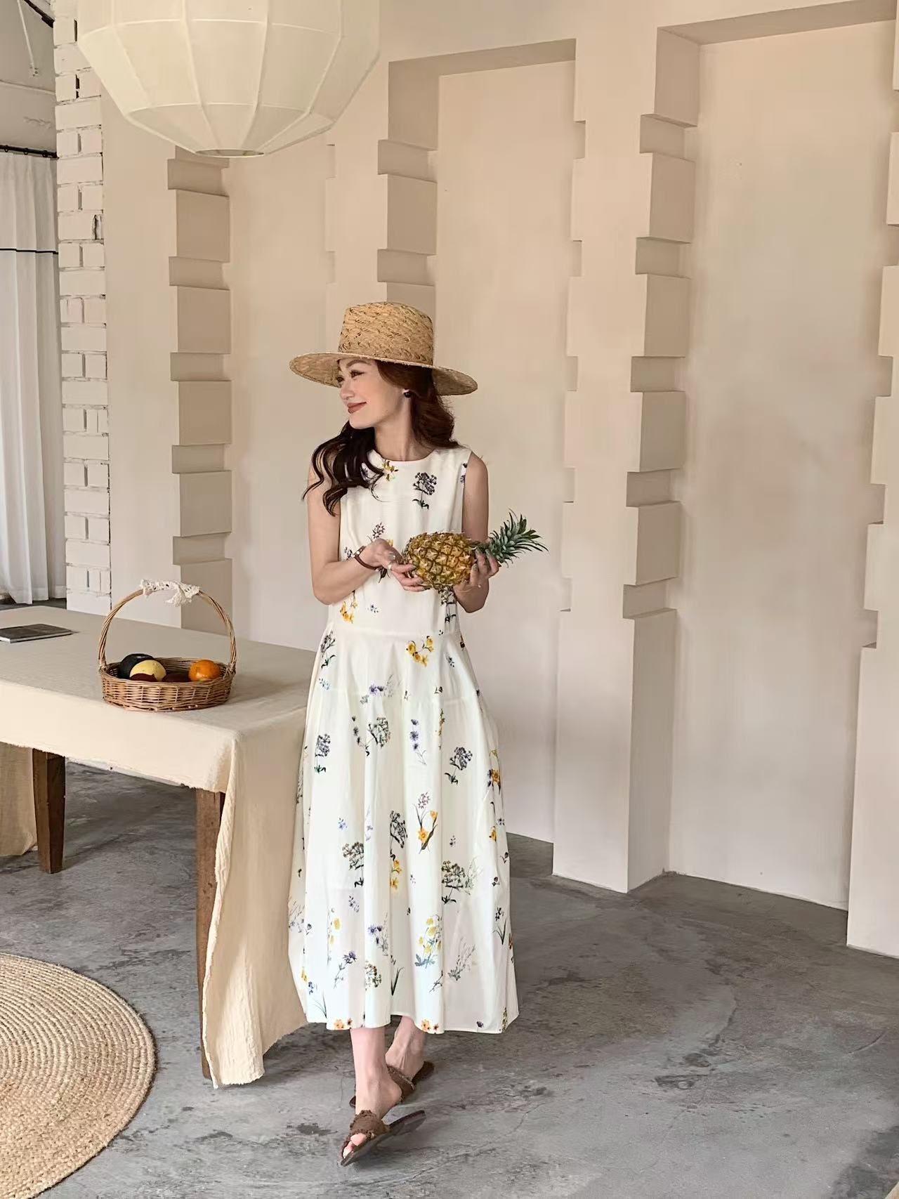 法式韩版碎花常规复古无袖连衣裙中长款简约通勤夏季长裙