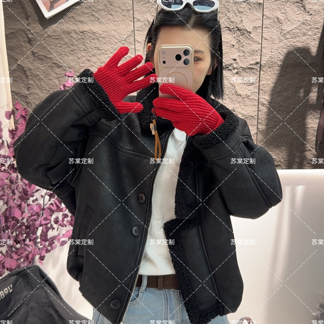 苏棠专属-秋冬季短外套翻领通勤风皮面短款立领短款外套休闲加绒