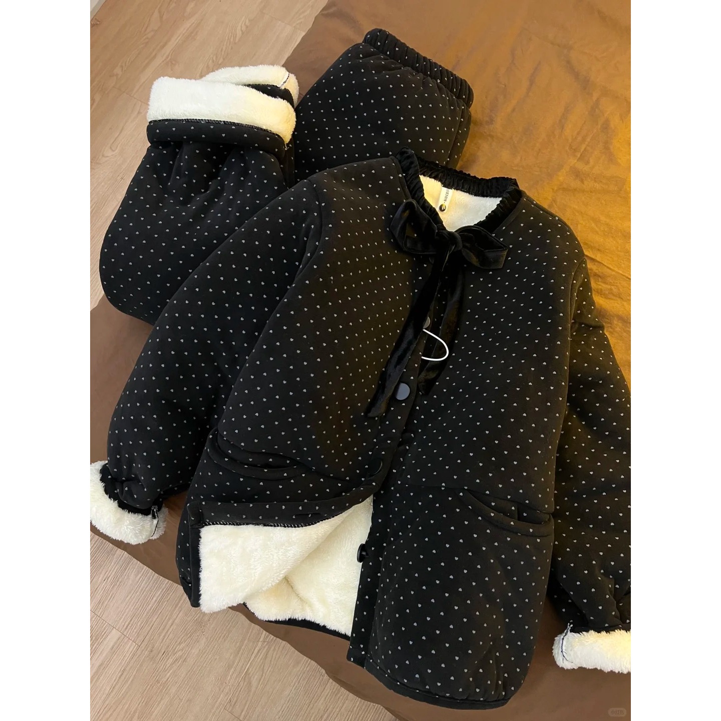 韩系简约时尚波点棉衣三层夹棉睡衣女冬季新款加厚保暖家居服套装