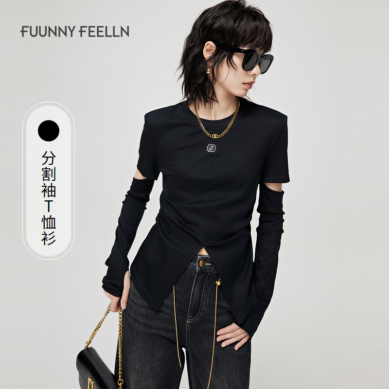 FF仿佛新款黑色园领恤女短袖开叉显瘦时尚休闲FM01074