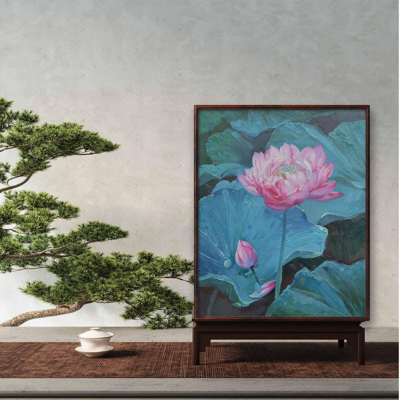 【并蒂芙蓉】荷花油画的肌理复刻版画客厅茶室桌面装饰画22*26