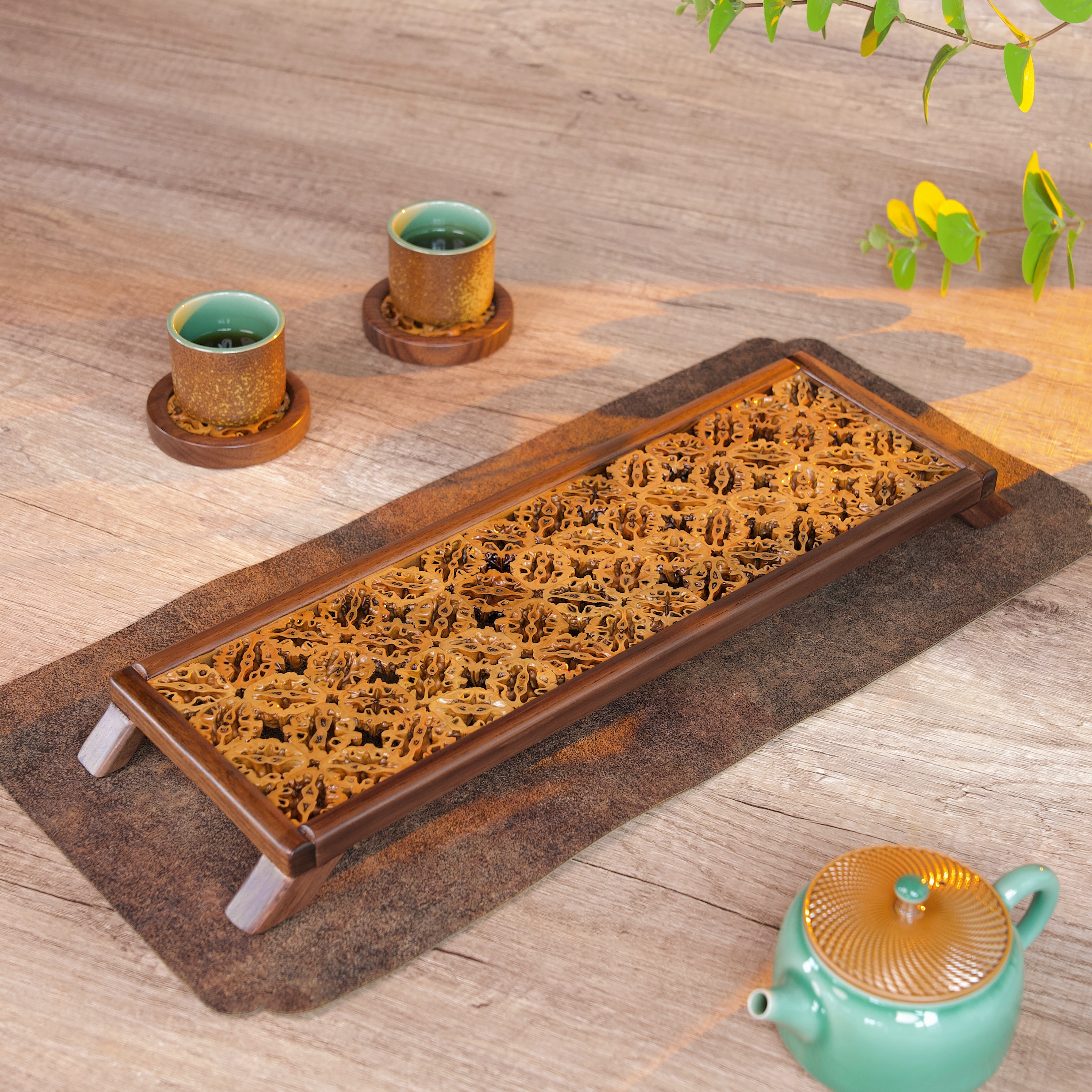 新款核桃长条四脚茶盘干泡台茶托盘手工家用中式干泡台茶盘长方形