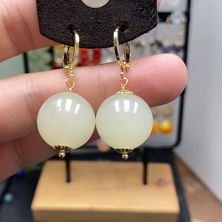 和田玉银S925镀金镶嵌耳饰尺寸16mm