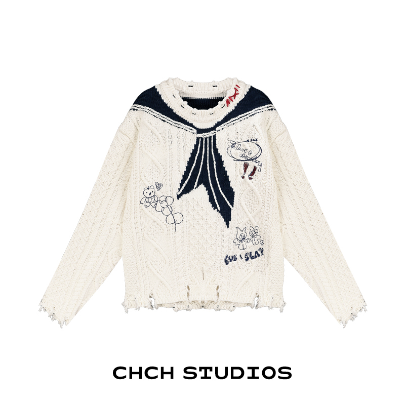 RAZZ93554海军领破洞厚款宽松时尚卡通刺绣女长袖套头毛衣