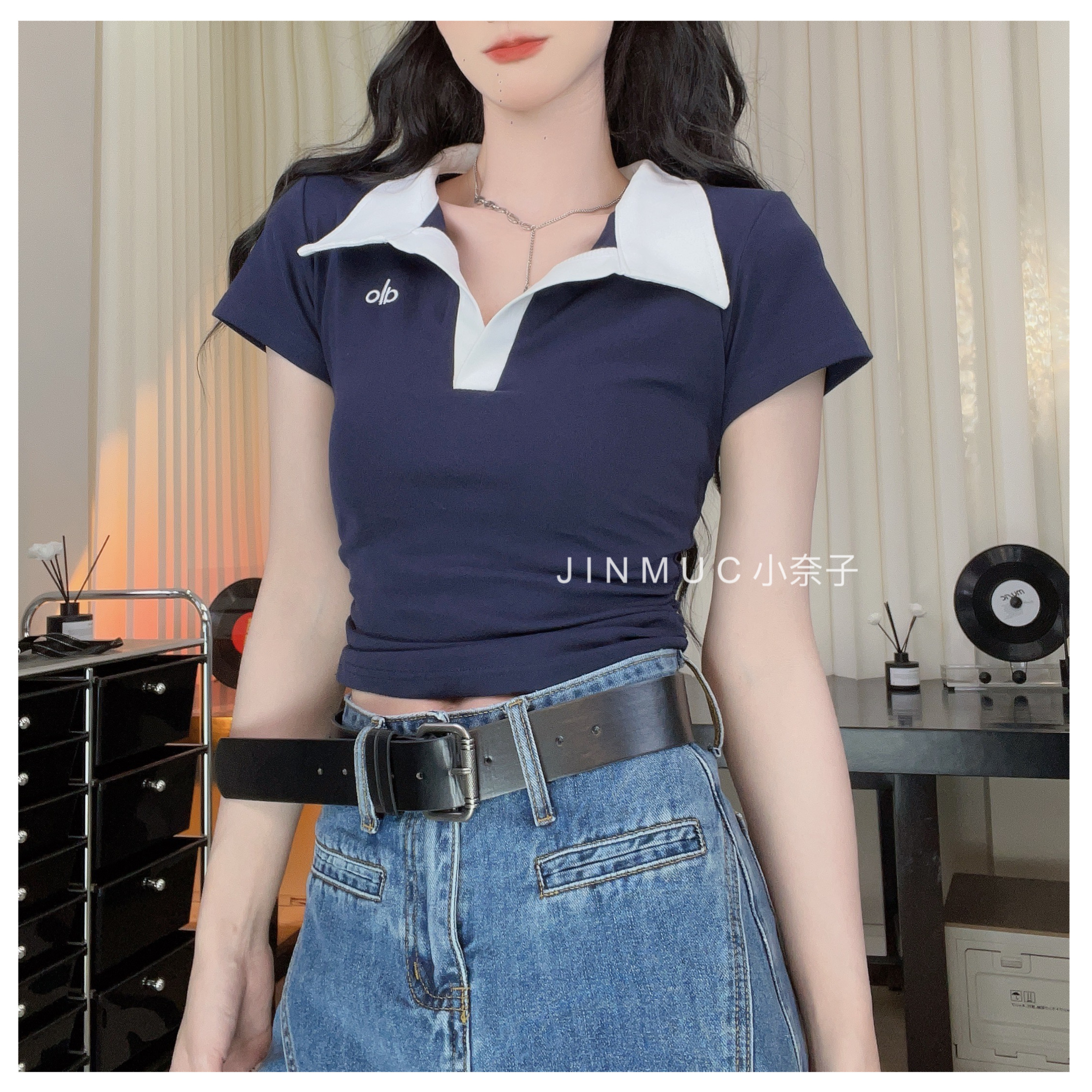 【小奈子】显瘦收腰短袖上衣撞色翻领polo时尚t
