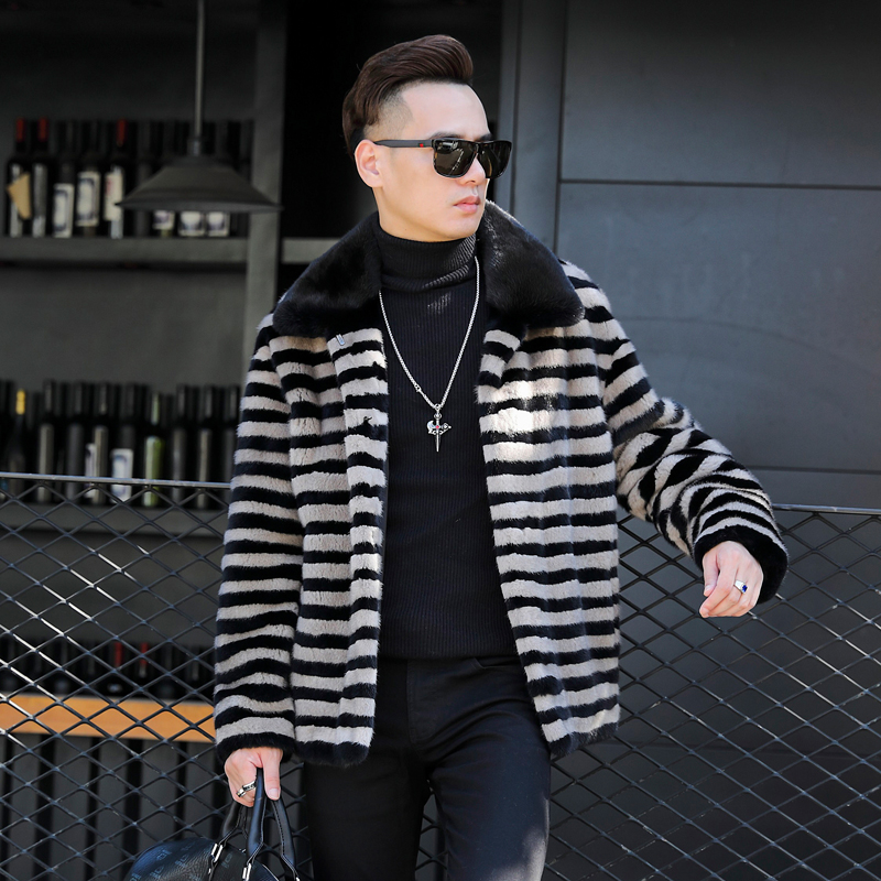 黑加银兰貂撞色个性工艺洋气潮款男士貂皮大衣整貂水貂皮草外套