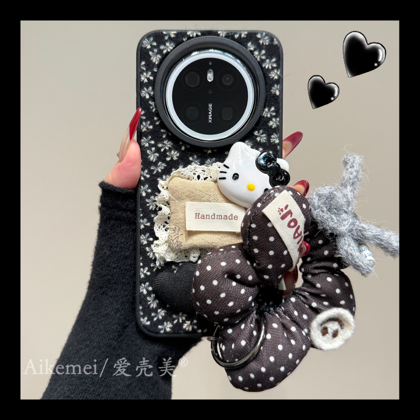 适用华为mate80promax手机壳黑棕绒布mate70pro+碎花立体kt猫枕头