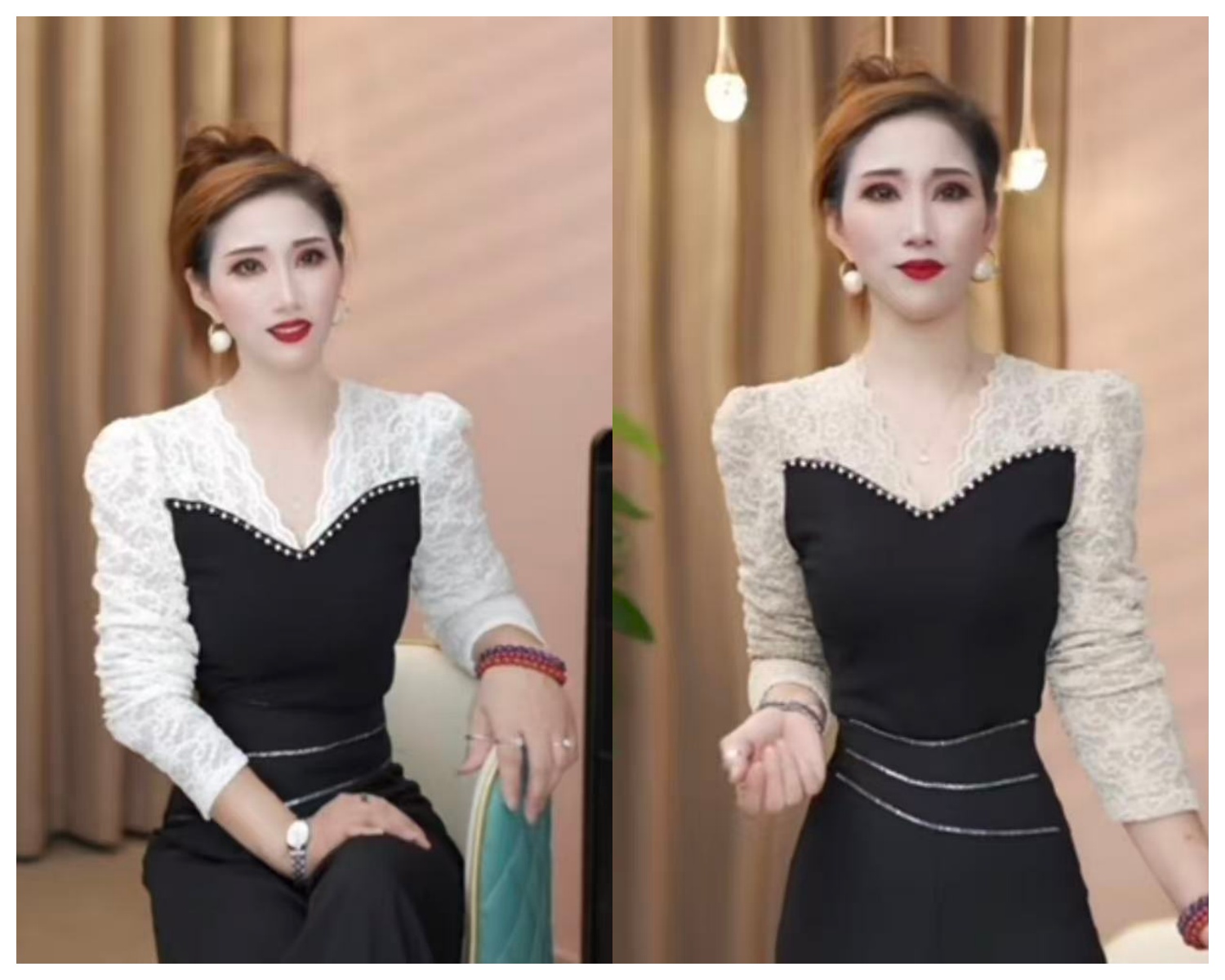 蜜妍婵-新款修身型长袖常规V领蕾丝打底衫女神秋款收腰上衣-6161