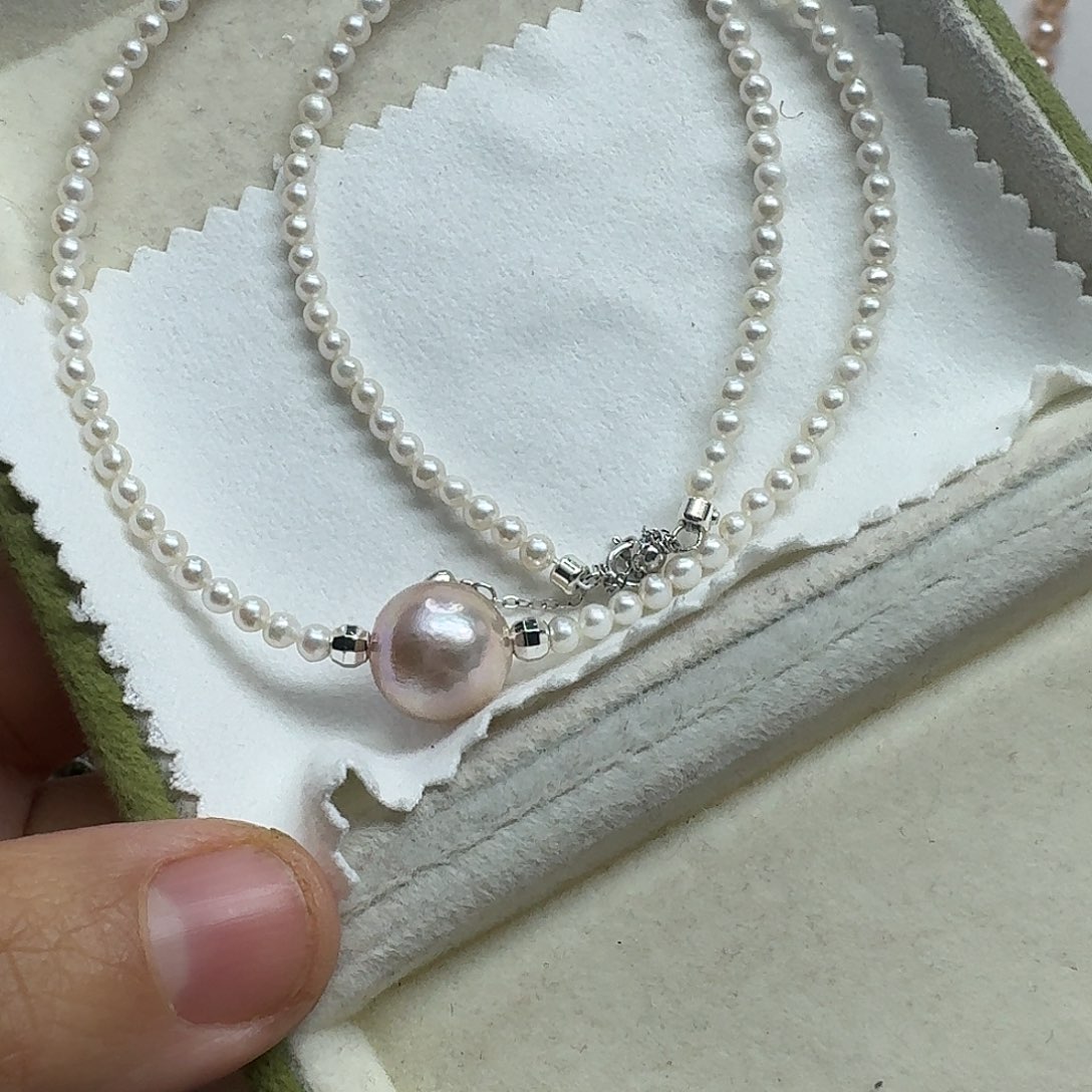 银S925镶嵌淡水珍珠颈饰12mm紫珠+小米链