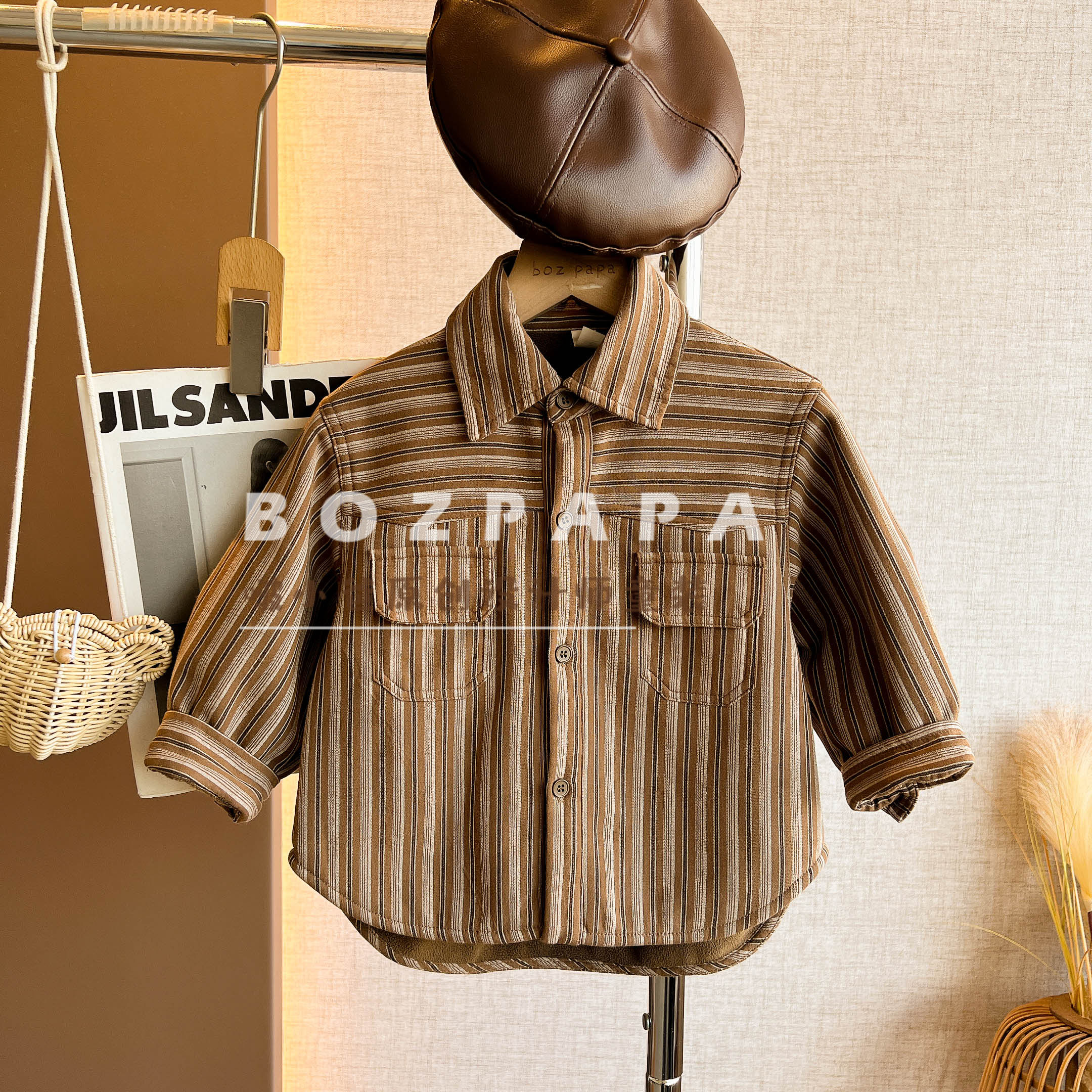 啵小爸【慵懒深秋】2025年冬新款男童休闲竖条纹双口袋加绒衬衫