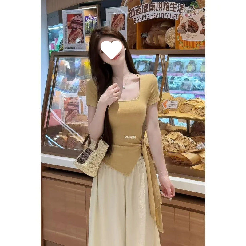 【店铺】清冷系韩版套装女夏季绑带短袖上衣一整套ootd穿搭新