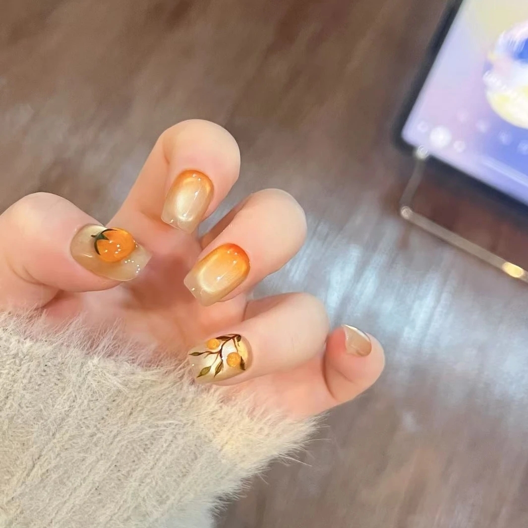 【柿柿如意】立体浮雕柿子穿戴甲短款显白日常美甲可拆卸