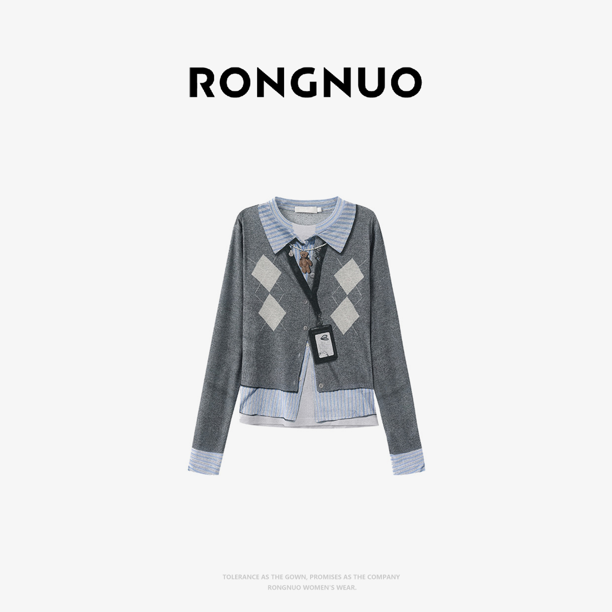 容诺【T恤】25早秋新款趣味假两件3D印花工牌菱格打底衫D6963