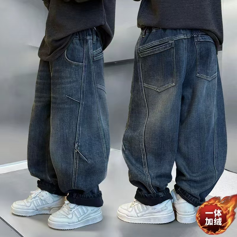 男童加绒穿搭牛仔裤秋冬款新款中大童儿童装男孩休闲儿童加绒裤子