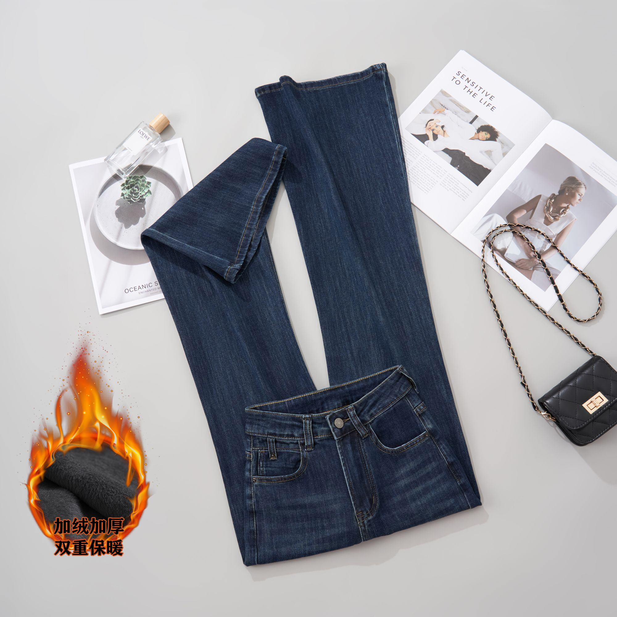 YA不贴腿筒喇裤秋冬季加绒深色高腰弹力显瘦小个子微喇叭牛仔裤女