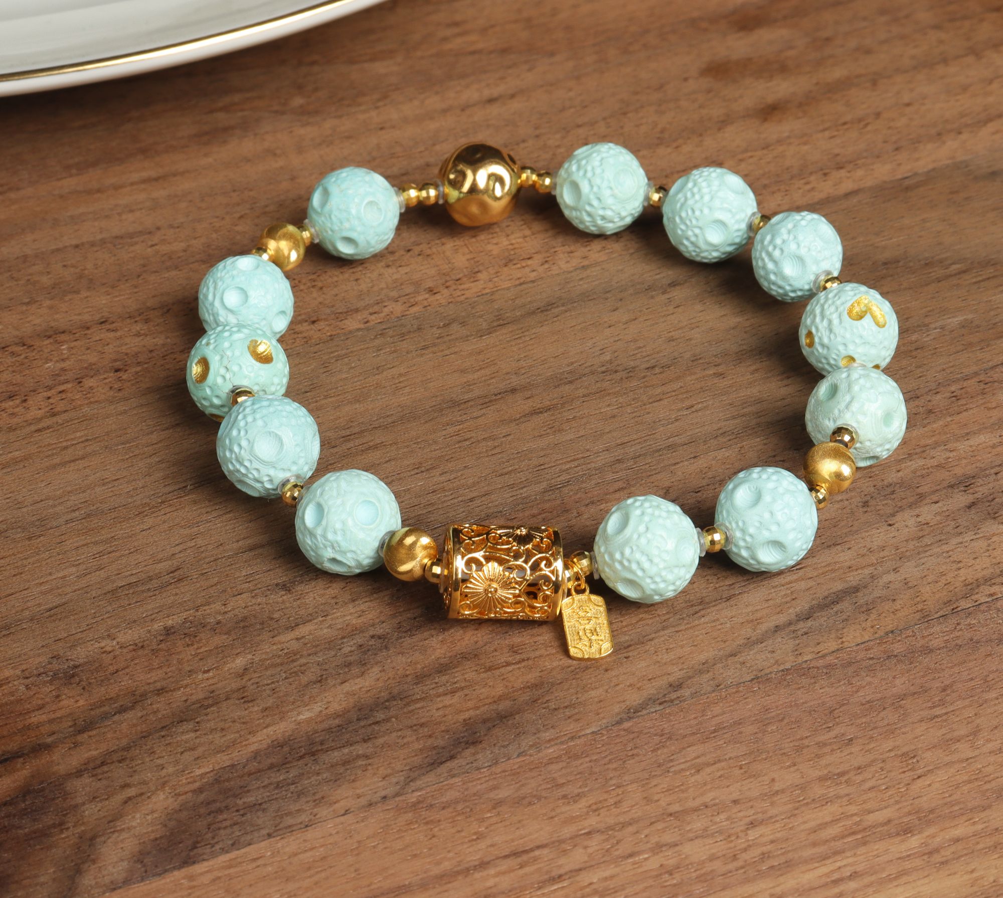 18k金天然原矿绿松石精美简约女款手链手饰9mm