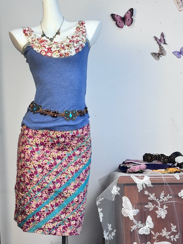 此间Vintage中古白搭宽松外套夏季印花上衣蓝色复古春夏女士碎花