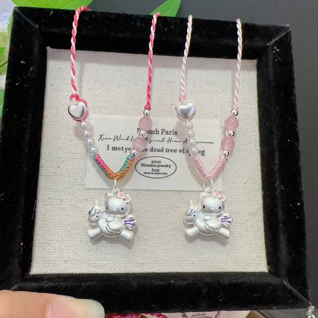 吊坠足银 足银999独角兽KT猫吊坠甜美可爱少女心纯银手工编绳项链