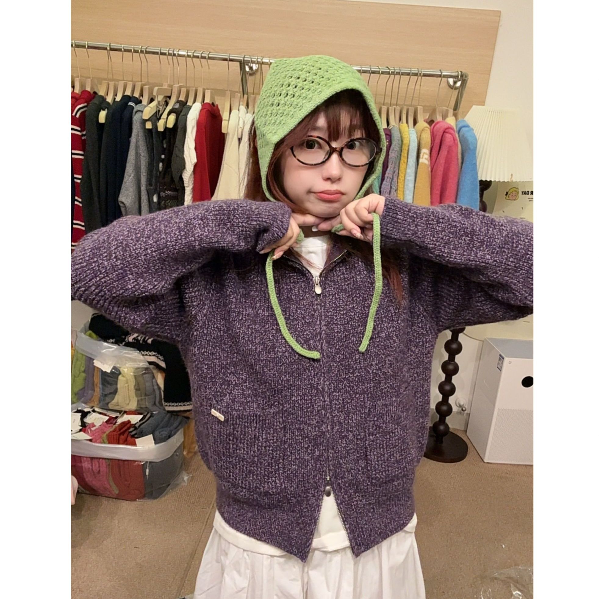 K2092 秋冬慵懒紫色花纱拉链针织连帽开衫