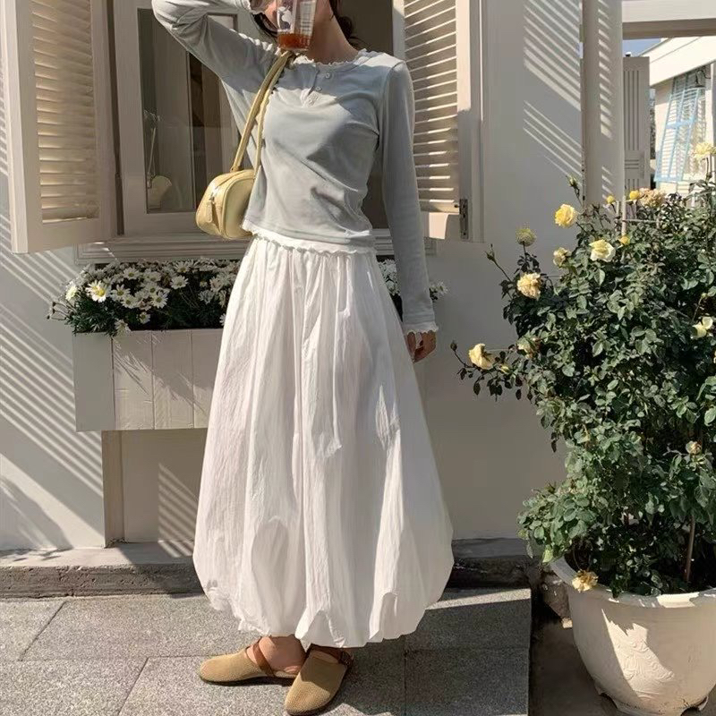 @哈呐l 高腰松紧带花苞裙纯色半裙