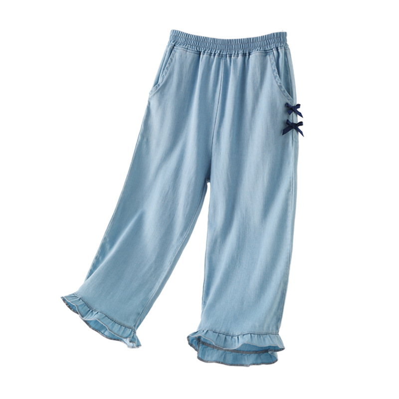 儿童天丝牛仔裤夏季薄款透气工装裤子男女童宽松束脚裤童装 b007b