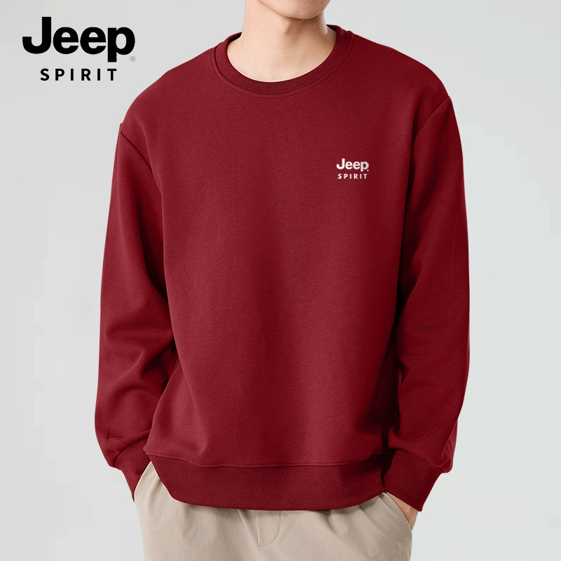 JEEP SPIRIT吉普酒红色卫衣男新郎春秋款本命年圆领国潮男上衣服