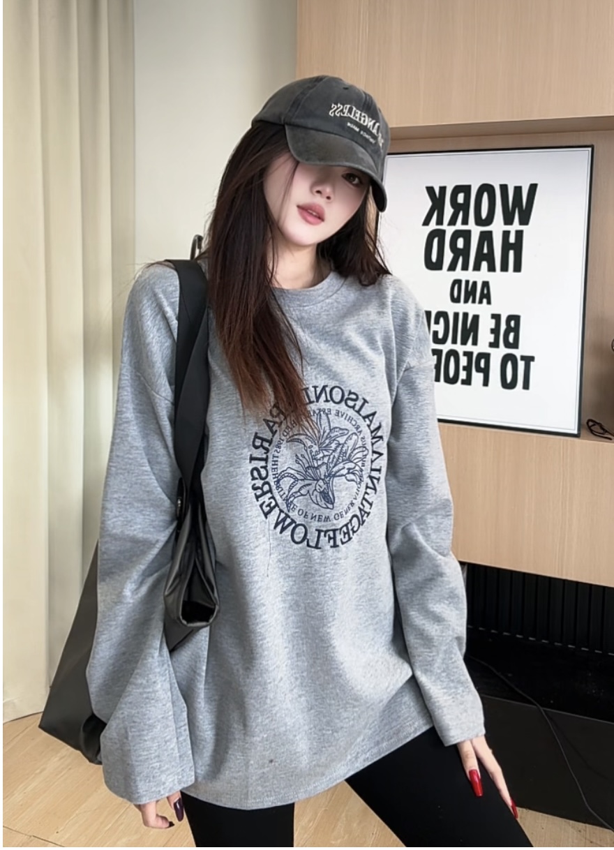 2025年新款加厚刺绣打底衫中长款圆领宽松长袖1975