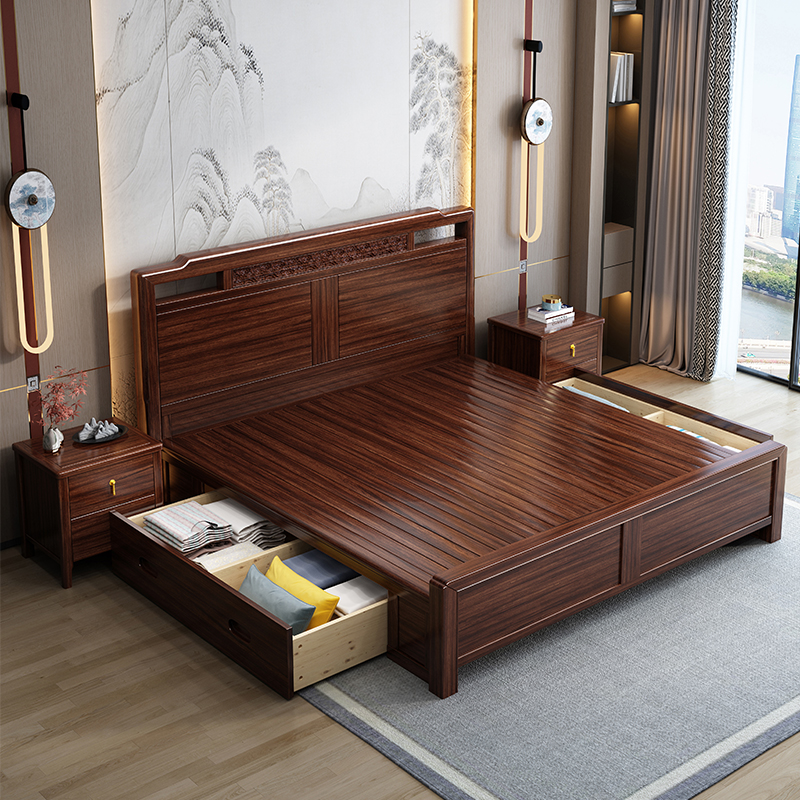 新中式乌金木实木床大床主卧室储物成套气压家用轻奢简约单人8018