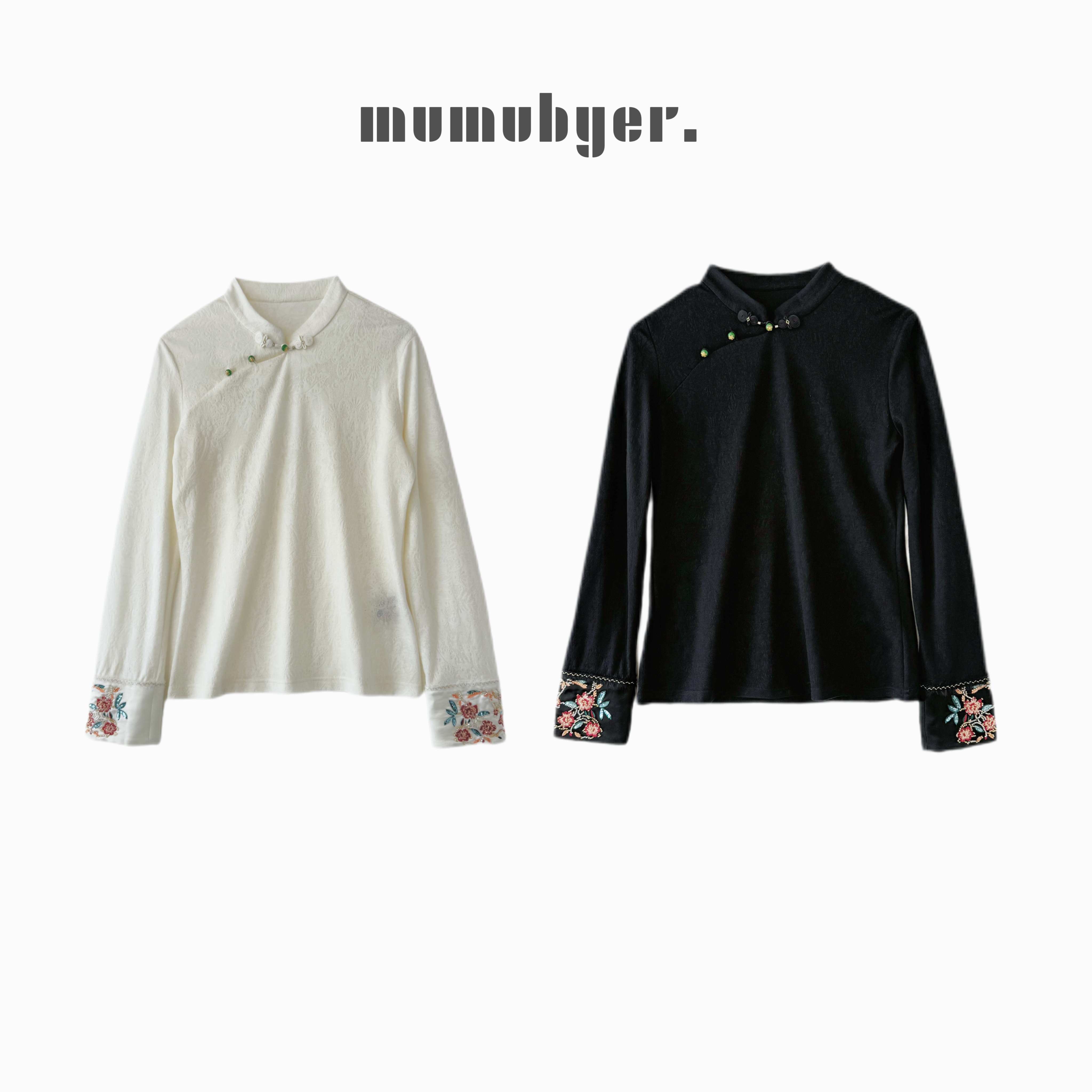 mumubyer •  “窈窕小衫”复古提花玉石扣撞色刺绣袖口上衣